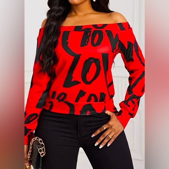 Red & Black “Love” Print Off-Shoulder Long Sleeve Shirt, NWOT - Picture 3 of 5